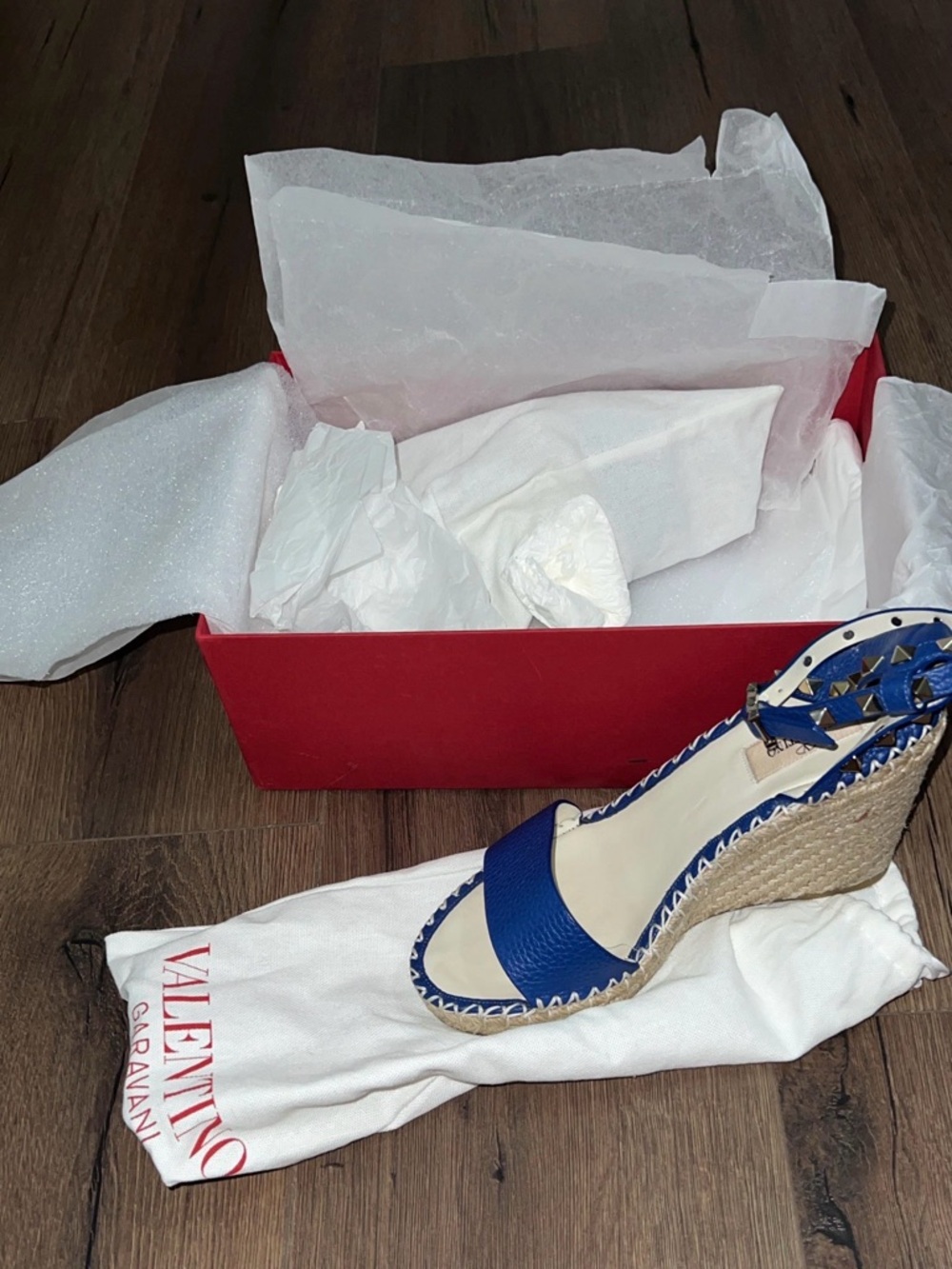 Valentino Blue Leather Espadrille Wedge Sandals with Stud Ankle Strap